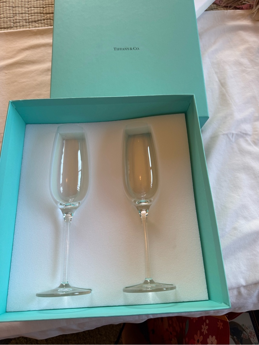 Tiffany & Co. Blue Presentation Box with Clear Crystal Champagne Flutes (Pair)